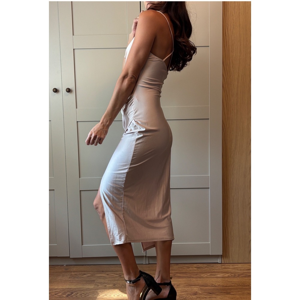Satin Cowl Neck Wrap Midi Dress Champagne Pink Open Back Cocktail
